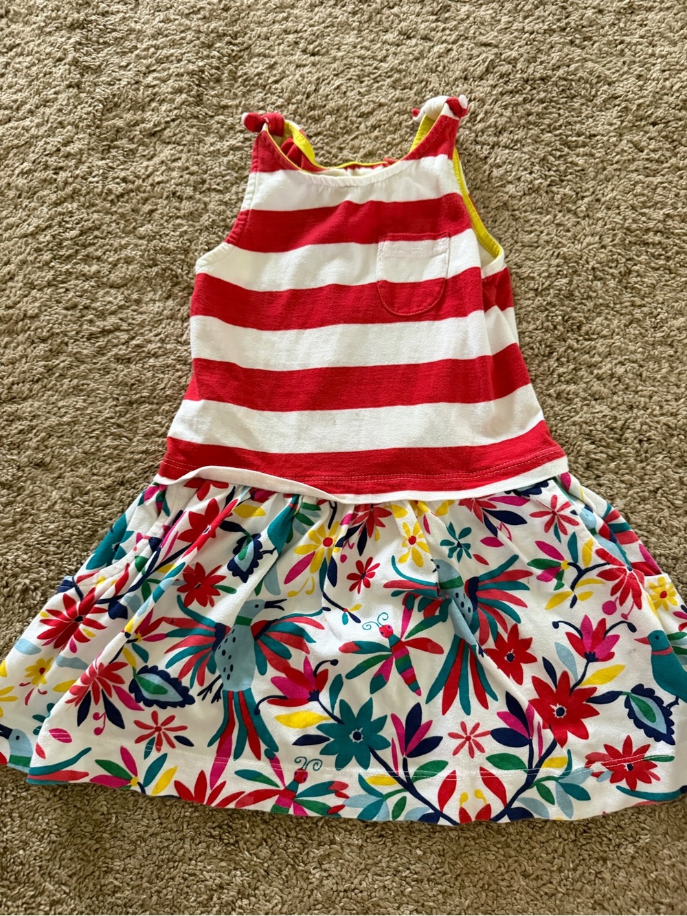 Mini Boden Striped Red & White Tank Dress with Colorful Floral Skirt - Kids 3-4T